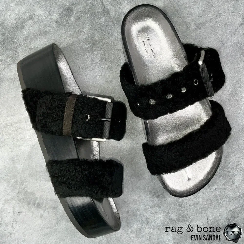 RAG & BONE EVIN GENUINE SHEARLING PLATFORM SLIDE SANDAL IN BLACK US SIZE 6 EU 36